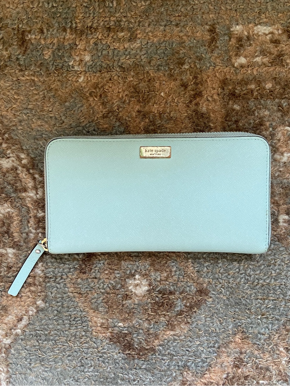 kate spade pastel blue zip-around leather wallet with gold logo